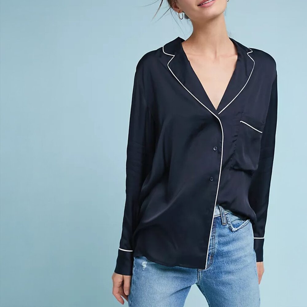 Abercrombie & Fitch Luxe Pajama-Style Button Down Long Sleeve Navy Size L